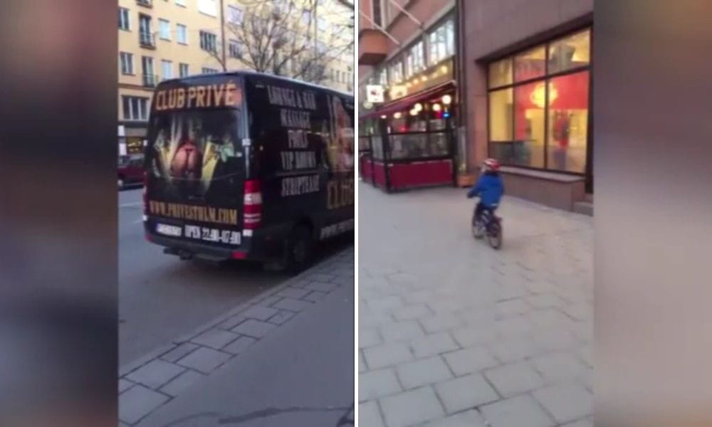 Pubblicità osè sul bus: il bambino in bicicletta si distae e... [VIDEO]