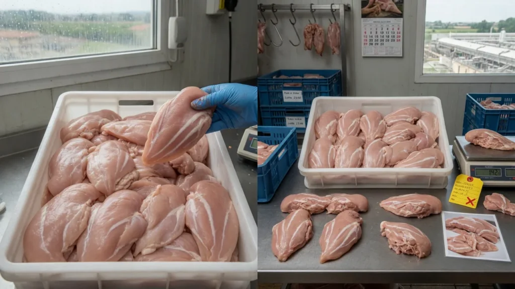 Pollo d'allevamento intensivo: il 'turbopollo' tra petto legnoso e strisce bianche