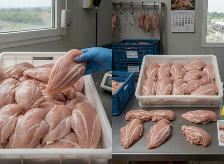 Pollo d'allevamento intensivo: il 'turbopollo' tra petto legnoso e strisce bianche